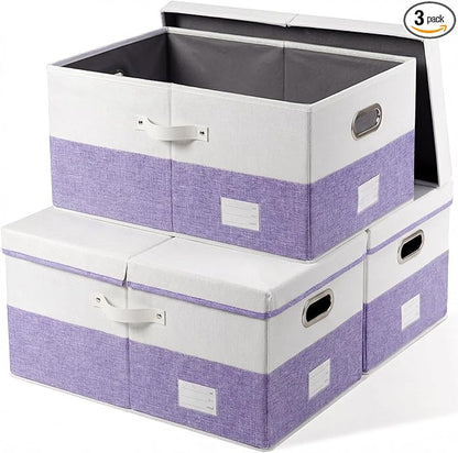 PRANDOM Storage Bins with Lids [3-Pack] Linen Fabric Foldable Storage Boxes Organizer Containers Baskets Cube with Cover for Bedroom Closet Office White&Purple (23.4X15.9X11.4)