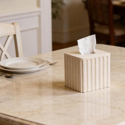Striped White Sandstone Tissue Box Cover Square for Home Decor,Resin Heavy Tissue Box Holder for Bathroom Countertop,Tabletop,Bedside Table,Office (Handmade of Resin)