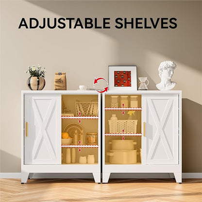 COFaR White 37" H Sliding Door Storage Cabinet, Half Open Half Closed Design, 3-Tier Kitchen Organizer with Adjustable Shelves, 150 lbs Top, Metal Coffee Bar & Buffet Sideboard for Dining Room