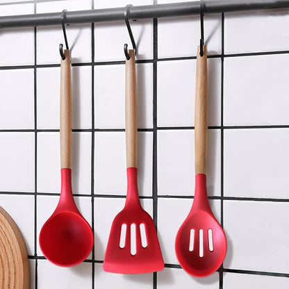 IOCBYHZ Silicone Cooking Utensils Set 5Pcs Non-Stick Silicone Kitchen Utensils for Cooking, Heat Resistant Kitchen Gadgets Spatula Spoon Turner Set with Wooden Handles for Non-Stick Cookware BPA Free