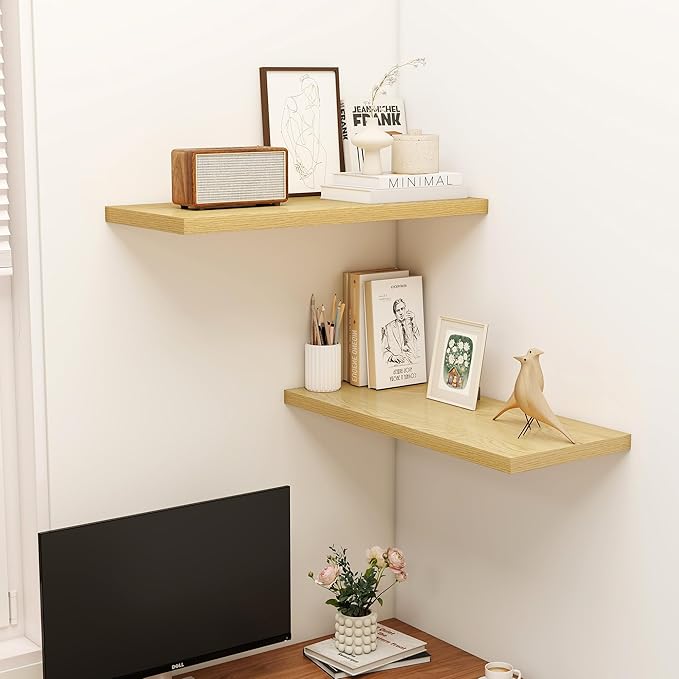 Dreamland 32" Floating Shelves for Wall, 12" Deep Slim Oak Floating Shelves, Wall-Mounted Shelves for Bedroom, Living Room, Kitchen, Bathroom - Set of 2