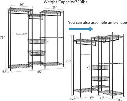 Xiofio 6 Tiers Heavy Duty Clothes Rack with Hanging Rods,Metal Garment Rack,Adjustable Shelves & 2 Slid Storage Baskets,65.0" L x 15.7" W x 76.0" H,Max Load 800LBS,Black
