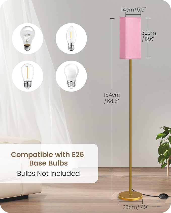 2Pack Floor Lamp, Pole with Foot Switch, Modern Standing Lamp Lampshade, Minimalist Freestanding Lamp (Bulb Not Included), for Living Room, Bedroom Office ETL Listed,Gold and Pink DP07LDP205