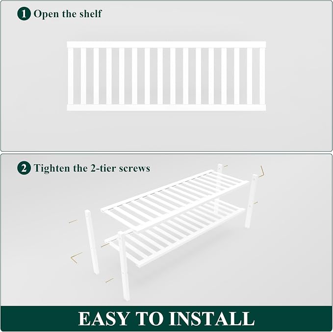 Smiry Long Bamboo Shoe Rack, 2 Tier Free Standing Wooden Shoe Organizer, Stackable Wood Shoe Storage Shelf for Closet, Entryway, 12 Vertical Slats, One-piece Standard Legs, 33.7"x11"x13", White