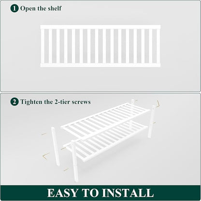 Smiry Long Bamboo Shoe Rack, 2 Tier Free Standing Wooden Shoe Organizer, Stackable Wood Shoe Storage Shelf for Closet, Entryway, 12 Vertical Slats, One-piece Standard Legs, 33.7"x11"x13", White