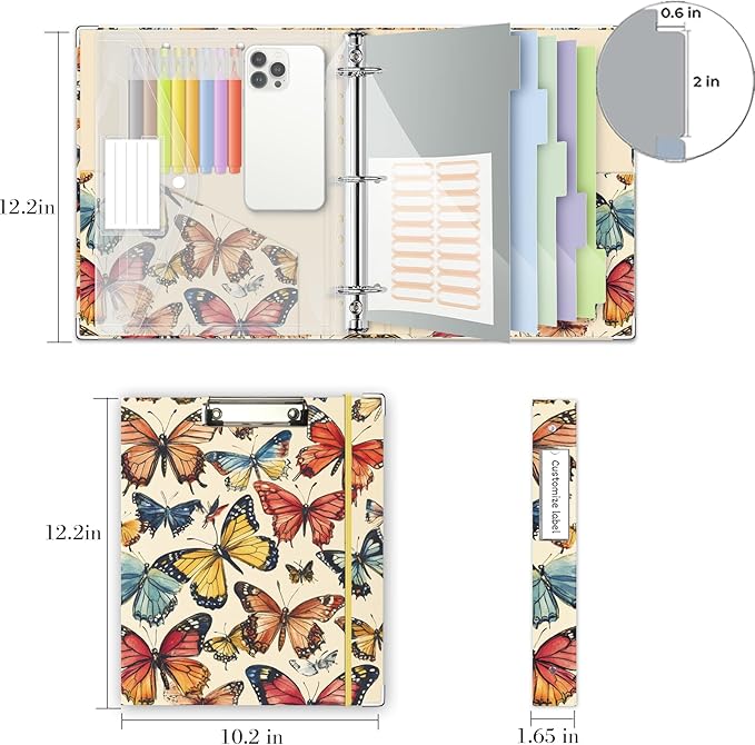 3 Ring Binder 1 Inch,BVSSX Three Ring Binders Organizer with Clipboard, 5-Tabs Pockets Dividers, Plastic Folder, 18 Divider Stikers,Pen Loop (Butterfly, Letter Size)
