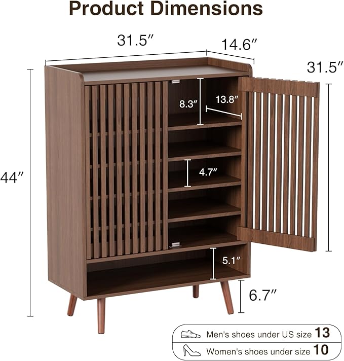 Large Shoe Cabinet with Grille Doors, 6 Tier Wooden Shoe Storage Cabinet with Adjustable Shelves, Mid-Century Freestanding Shoe Organizer Cabinet for Entryway, Hallway, Walnut