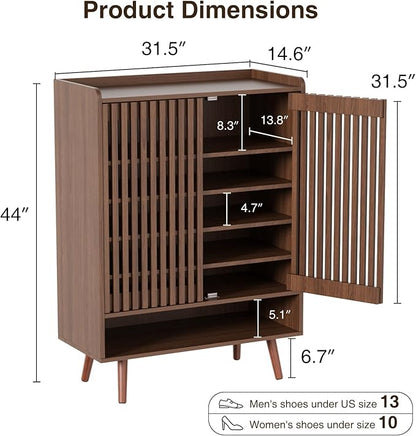 Large Shoe Cabinet with Grille Doors, 6 Tier Wooden Shoe Storage Cabinet with Adjustable Shelves, Mid-Century Freestanding Shoe Organizer Cabinet for Entryway, Hallway, Walnut