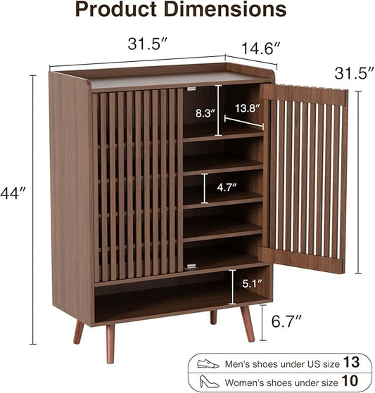 Large Shoe Cabinet with Grille Doors, 6 Tier Wooden Shoe Storage Cabinet with Adjustable Shelves, Mid-Century Freestanding Shoe Organizer Cabinet for Entryway, Hallway, Walnut