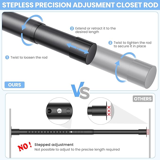 Closet Rods for Hanging Clothes, 17 to 39 Inch Stepless Adjustable Closet Rod, 1.3 Inch Diameter Metal Heavy Duty Closet Hanging Rod for Closet Wardrobes Laundry RV, Black