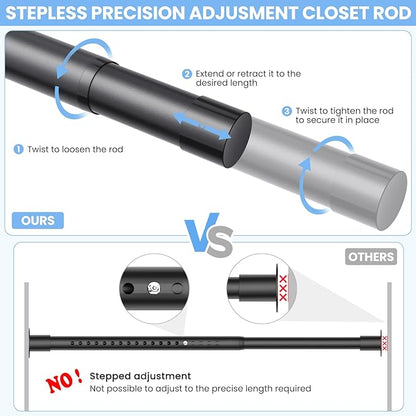 Closet Rods for Hanging Clothes, 17 to 54 Inch Stepless Adjustable Closet Rod, 1.3 Inch Diameter Metal Heavy Duty Closet Hanging Rod for Closet Wardrobes Laundry RV, Black