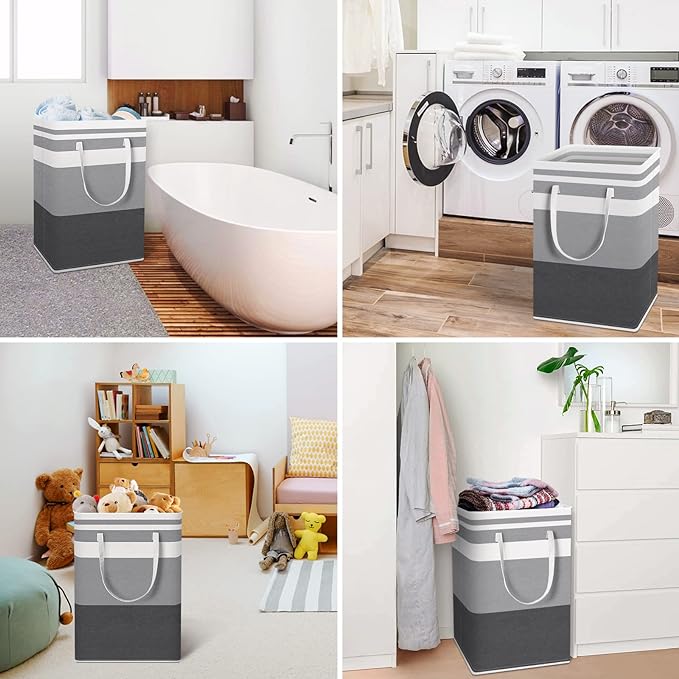 HomeHacks 2 Pack Large Laundry Baskets, Waterproof, Freestanding Laundry Hampers, Collapsible Clothes Hamper with Reinforced Handles in Laundry, College Dorm, Bathroom, Bedroom (Grey+Blue, 75Lx2)