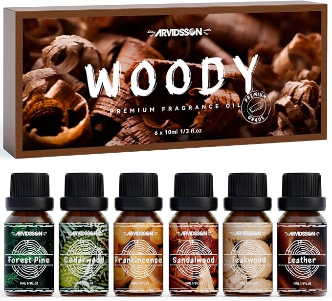Woody Essential Oils Set, ARVIDSSON Woodsy Fragrance Oil for Candle Making, Sandalwood, Leather, Teakwood, Frankincense, Cedarwood, Pine, Diffuser Essential Oil for Men and Women