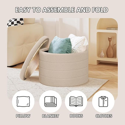 PINPLUS Round Ottoman with Stroage, Boucle Storage, Foot Stool Foldable Coffee Table Ottoman for Living Room, Bedroom, Dorm (Beige)