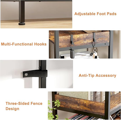 KOUSEI 6-Tier L-Shaped Reversible Corner Bookshelf, 69" Rustic Brown Industrial Wood & Metal Bookcase, Wide Open Shelves + 4 Hooks for Living Room/Bedroom/Home Office