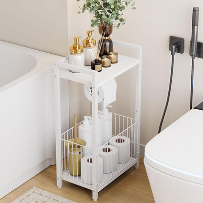 IBUYKE Freestanding Toilet Paper Holder Stand with Storage Shelf,Bathroom Toilet Tissue Roll Dispenser with Extra Space for Rolls, Magazines, Wet Wipes White TLJ020W