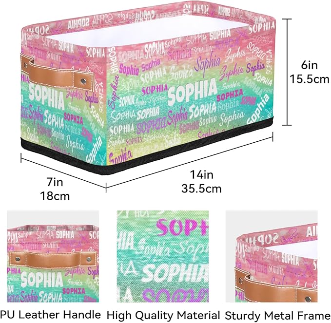 Custom Small Storage Basket Name, Rectangular Storage Bins Handles Organizing Girls Pets Toys Clothes Books for Countertop Toilet Paper Basket Closet Shelf, Pink Yellow Turquoise Glittering
