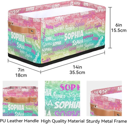 Custom Small Storage Basket Name, Rectangular Storage Bins Handles Organizing Girls Pets Toys Clothes Books for Countertop Toilet Paper Basket Closet Shelf, Pink Yellow Turquoise Glittering