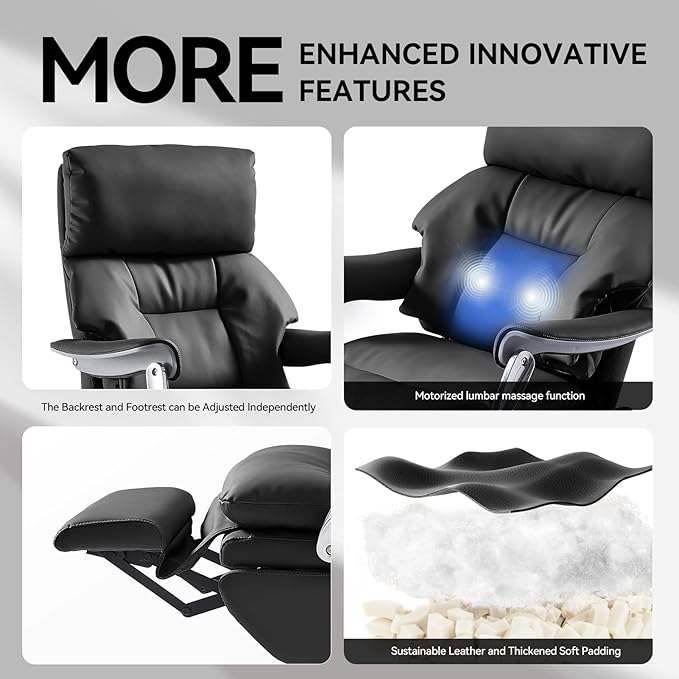 EMIAH Ergonomic Office Chair with Foot Rest Electric Executive Office Chair Reclining with Massage Big and Tall High Back Computer Chair with Wheels, Genuine Leather (Black)