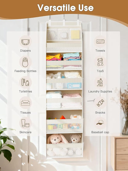 Criusia 2 Pack Over the Door Organizer, 6-Shelf Closet Hanging Storage with 13 Mesh Pockets, 55lbs Capacity Behind the Door Storage for Baby Nursery, Bathroom, Bedroom, and Dorm, Beige