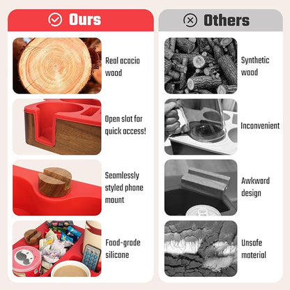 Couch Cup Holder Tray, Real Acacia Wooden Caddy with Soft Silicone, Snack and Drink Organizer- Perfect Movie Night Accessories for Bed, Remote and Cup Holders for Sofa (Red)