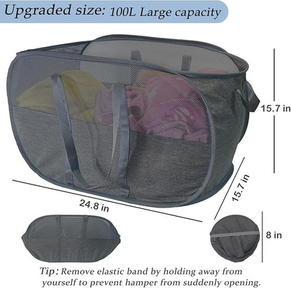 Upgraded 100L Collapsible Laundry Basket, Extra Large Mesh Pop Up Laundry Hamper, Dirty Clothes Hamper with long Handles, Pop-up Hampers for Laundry Travel. Dorm or Home Portable Laundry Basket. Black