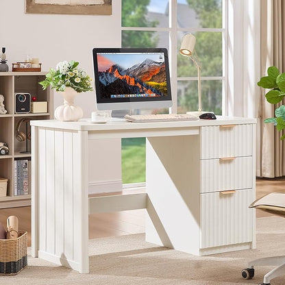 48" Modern Fluted Executive Desk with Storage Cabinet, White Large Home Office Desk with File Drawer & Metal Handles, Wood Computer Writing Table for Office,Study, Bedroom,Living Room