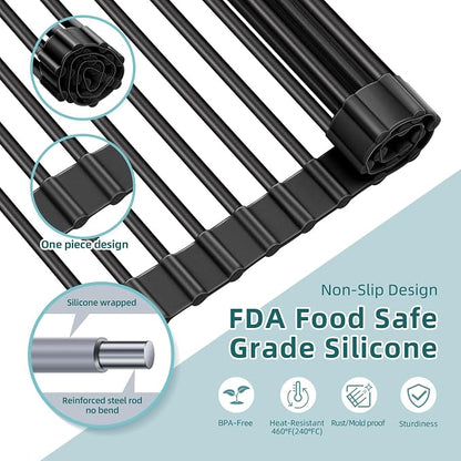 Ohuhu Over The Sink Dish Drying Rack, 20.5" W x 13.1" L Rolling Dish Drainer Foldable Sink Accessories Heat-Resistant Mat Anti-Slip Silicone Coated Dish Racks for Kitchen Counter