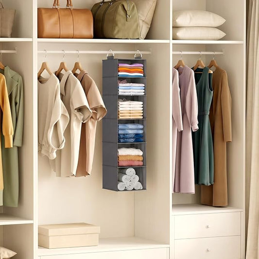 Lifewit 6 Tier Hanging Closet Organizer and Storage for Shelves, 1 Pack Foldable Clothes Shelf with 2 Sturdy Hooks, Sweater/Coat/Shoes Clothing Organization for Wardrobe, Dorm, Bedroom, Gray