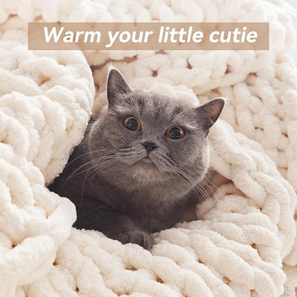 Negwoo Chunky Knit Throw Blanket, 50''*60'' Knitted Throw Chenille Yarn for Bed Couch, Handmade Cream Crochet Big Thick Blanket, Machine Washable Cute Comfy Blanket for Home Decor