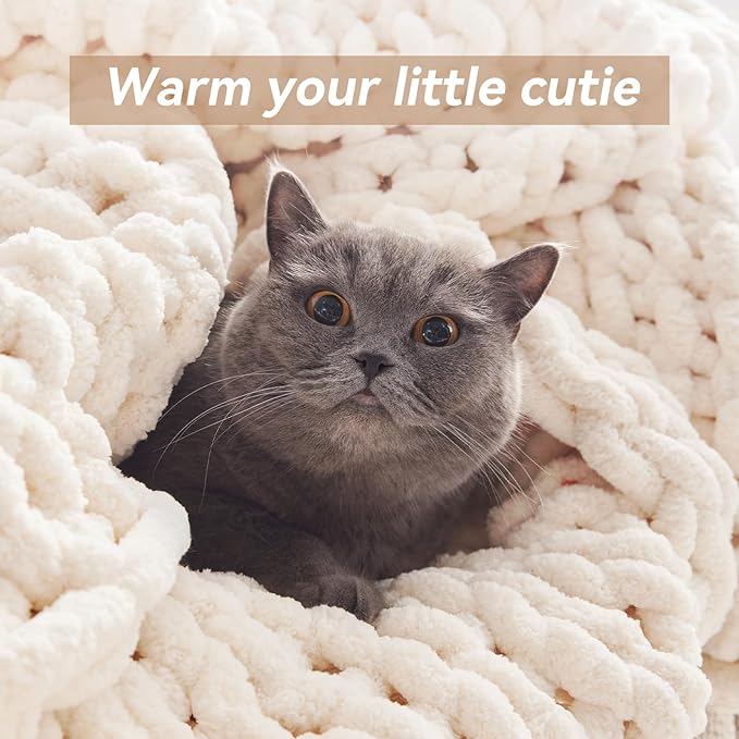 Negwoo Chunky Knit Throw Blanket, 60''*80'' Knitted Throw Chenille Yarn for Bed Couch, Handmade Cream Crochet Big Thick Blanket, Machine Washable Cute Comfy Blanket for Home Decor