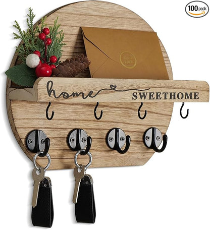 Key Holder for Wall, Key and Mail Holder Organizer - Key Holder Wall Mount with Bouquet Shelf and Key Hooks, Round Wooden Rustic Key Rack for Entryway and Home Decor (Wood)