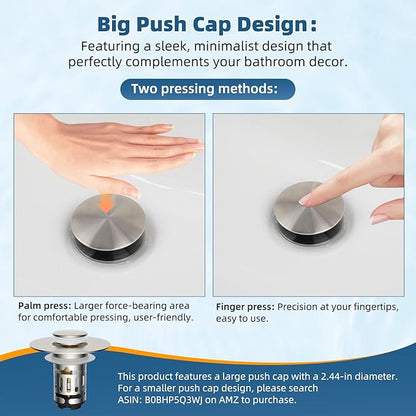 Hibbent Upgraded 3 in 1 Bathroom Sink Drain Strainer, Pop Up Sink Stopper with Big Push Cap, Anti-Clogging Metal Filter Basket,Sink Plug with Hair Catcher for 1.1''~2.36'' Basin, Brushed Nickel