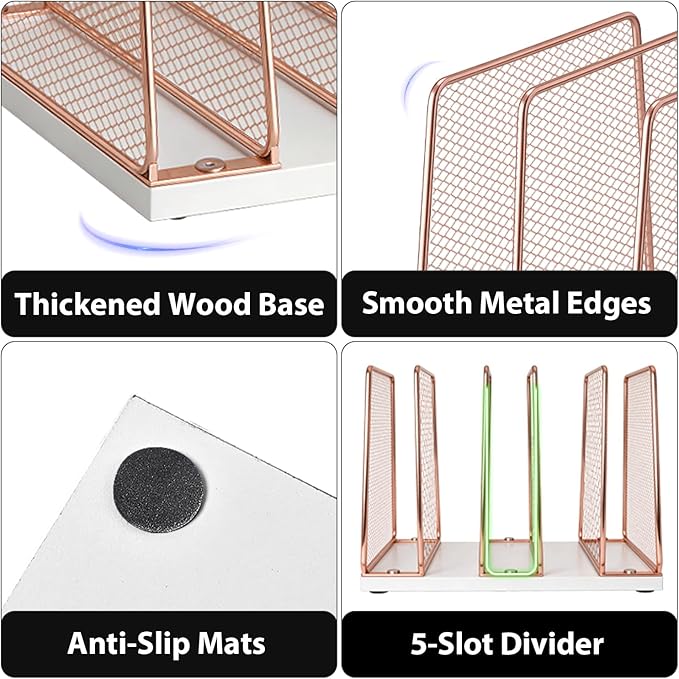 LEKETREE Rose Gold Desk File Organizer, 5-Section Upright File Sorter, Vertical File Folder Holder, Mesh Metal Wood Office Desktop Organization for Document, Magazine, Books and more (Rose Gold)