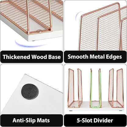 LEKETREE Rose Gold Desk File Organizer, 5-Section Upright File Sorter, Vertical File Folder Holder, Mesh Metal Wood Office Desktop Organization for Document, Magazine, Books and more (Rose Gold)