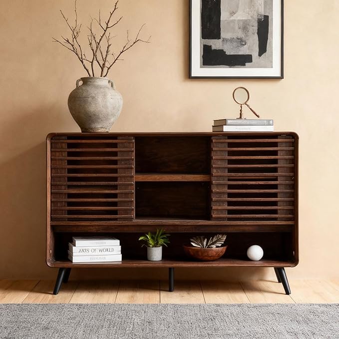 OKD Entryway Table with Sliding Slatted Door, 46" Mid Century Modern Wood Console Table w/Adjustable & Open Storage Shelf, Sofa Table Behind Couch for Hallway, Foyer, Living Room, Dark Walnut