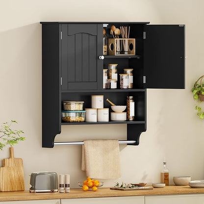 Iwell Bathroom Wall Cabinet with Adjustable Shelf & Doors, Over The Toilet Storage Cabinet, Medicine Cabinet for Bathroom, Laundry Room, Kitchen, Black