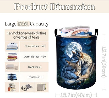 Romantic Wolf Moonlit Night Laundry Basket 19.7"x15.7", Collapsible Dirty Clothes Waterproof Laundry Hamper Organizer Toy Storage Bin for Dorm Nursery Bathroom Decor
