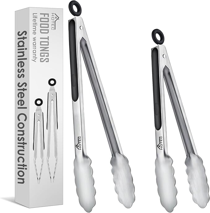 Hotec Stainless Steel Kitchen Tongs, Set of 2-9" and 12", Locking Metal Food Tongs for Cooking, Serving, BBQ, Grill Non-Slip Grip