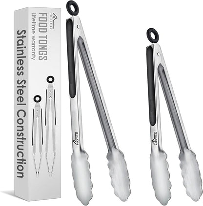 Hotec Stainless Steel Kitchen Tongs, Set of 2-9" and 12", Locking Metal Food Tongs for Cooking, Serving, BBQ, Grill Non-Slip Grip