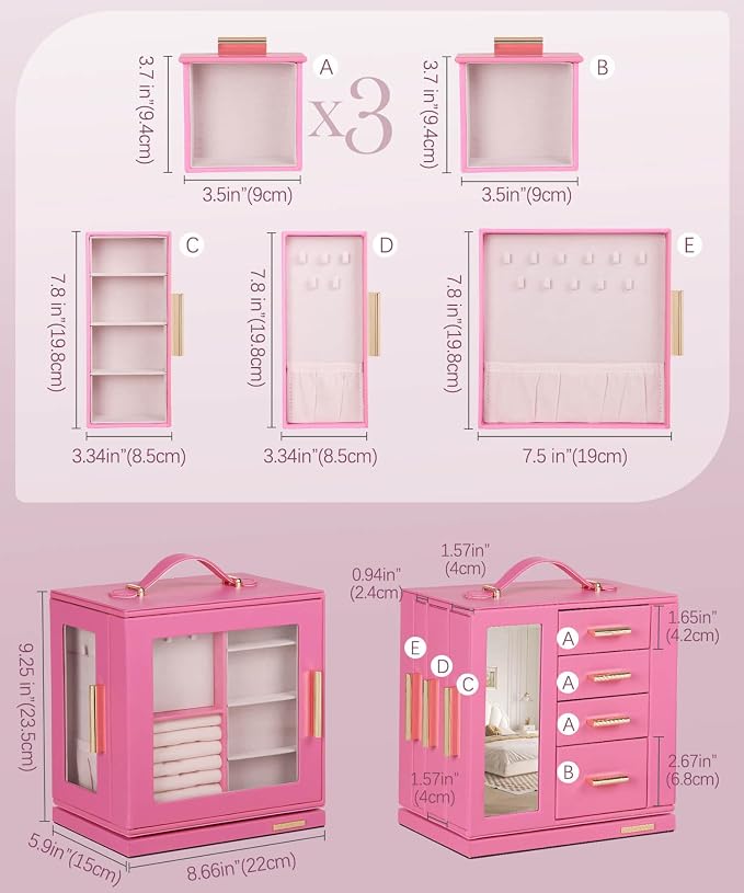 Homde Jewelry Box 360° Rotating, Necklace Earring Organizer with Transparent Window, Mirror, 7 Drawers, Large Ring Display Storage Case for Girls Women (Pink)