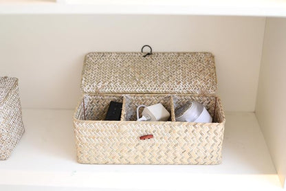 3 Section Seagrass Storage Basket, Handmade Shelf Baskets with Lid for Bathroom/Closet/Livingroom