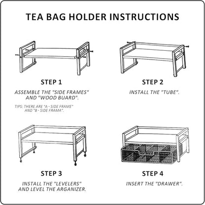 Tea Bag Organizer, Tea Bag Organizers and Storage with Drawer, Tea Bag Holder Natural Wood & Metal with 8 Compartments, Tea Storage Chest Container Box for Countertop Kitchen with 4 Hooks