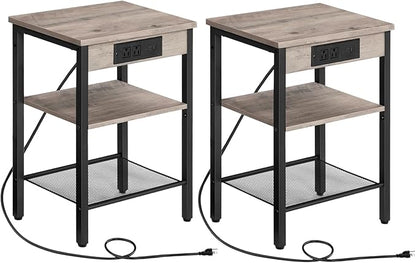 HOOBRO Side Tables Set of 2 with Charging Station and USB Port, Small End Tables for Small Space, 3-Tier Nightstands with Adjustable Shelf, for Living Room, Bedroom, Greige BG112BZP201