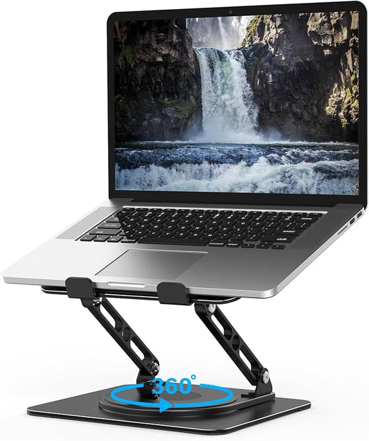 Adjustable Laptop Stand for Desk with 360 Rotating Base, Metal Foldable Laptop Riser Holder, Portable Desktop Book Stands, Ventilated Cooling Computer Notebook Stand Compatible with 10-15.6” Laptops