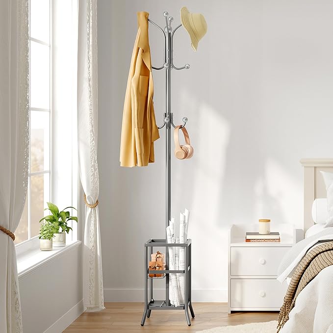 FAVOOSTY Coat Rack Freestanding,Coat Rack Stand with Umbrella Holder,Metal Coat Tree with 12 Hooks,Tree Clothes Hat for Entryway, Hallway, Bedroom, Living Room & Office - Silver Grey