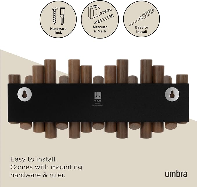 Umbra Picket Wall-Mounted Coat Rack Rail Hook with 5 Retractable Wood Pegs – Modern, Space-Saving Storage Organizer, Walnut