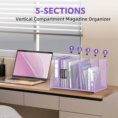 SUPEASY Binder Organizer, Magazine File Holder with 5 Vertical Compartments Rack, Metal Desk File Organizer & Binder Holders, Magazine Organizers for Office Desktop, Home, School, Classroom (Purple)