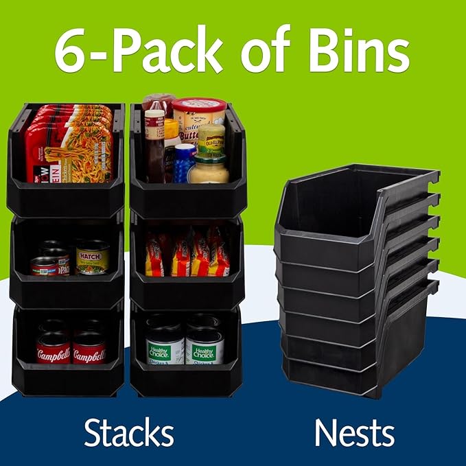 ReadySpace Plastic Containers for Organizing and Storage Bins for Closet, Kitchen, Office, Garage or Pantry Organization, Stackable Bins, Large (14.8" x 8" x 7"), 6-Pack, Black