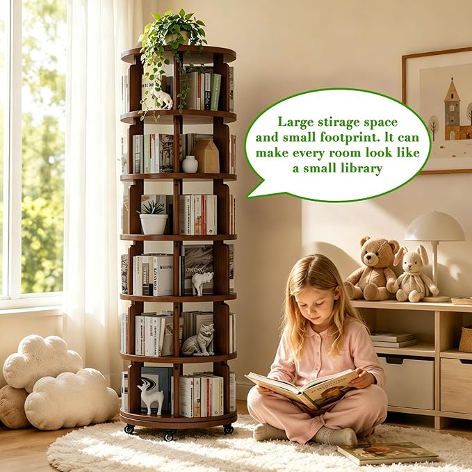 6 Tier 360° Rotating Solid Wood Bookshelf with Wheels, Lazy Susan Circular Spinning Revolving Corner Bookcase, Freestanding Storage Shelf for Bedroom Small Space, Walnut